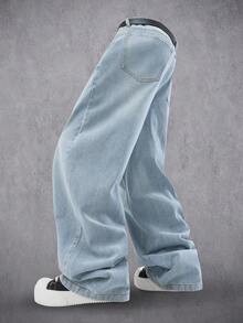 Manfinity Denimwave 男士休闲街头水洗双层腰带宽松牛仔裤 - 淺色水洗藍 - 查看 4