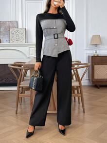 SHEIN LUNE 2pcs/Set Women Casual Batwing Sleeve Ribbed Contrast Trim Skirt & Top Set - Black - View 6