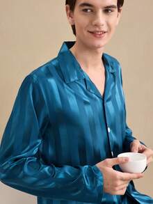 EverLounge Faux Silk Jacquard Men's Loungewear Set, Winter Clothes - Green - View 4