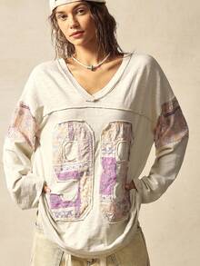 Bohemela Boho Autumn/Winter Outerwear, Women's Fashionable Vintage Patchwork Bohemia Paisley Pattern V-Neck Long Sleeve Loose T-Shirt, Western Country Style Concert Vacation, Suitable For Vacation & Daily Wear & Back To School, Christmas - Apricot - View 8