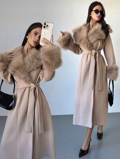 Firerie Women's Elegant Luxurious Vintage Coin Casual, Commute, Party, Urban Chic Fashion All-Match Warm Fur Collar, Fur Cuff, Cinched Waist Waist Long Camel Overcoat, Autumn Winter Clothes For Women,Women's Winter Clothes