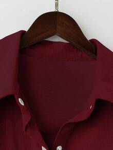 EMERY ROSE Plus Size Casual Corduroy Solid Color Shirt, Autumn - Burgundy - View 4