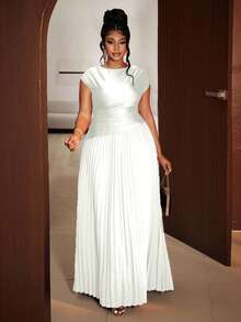 Maweii Plus Size Women Elegant Solid Color Pleated Round Neck Sleeveless Dress - White - View 4