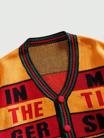 Cardigan da uomo con motivo jacquard a lettera, stile retrò streetwear