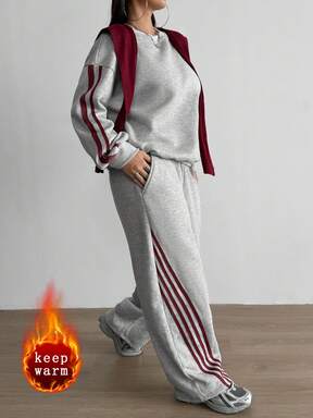 Aidyla مجموعة هوديي مخطط بألوان متباينة من الفليس، أسلوب شارع عصري