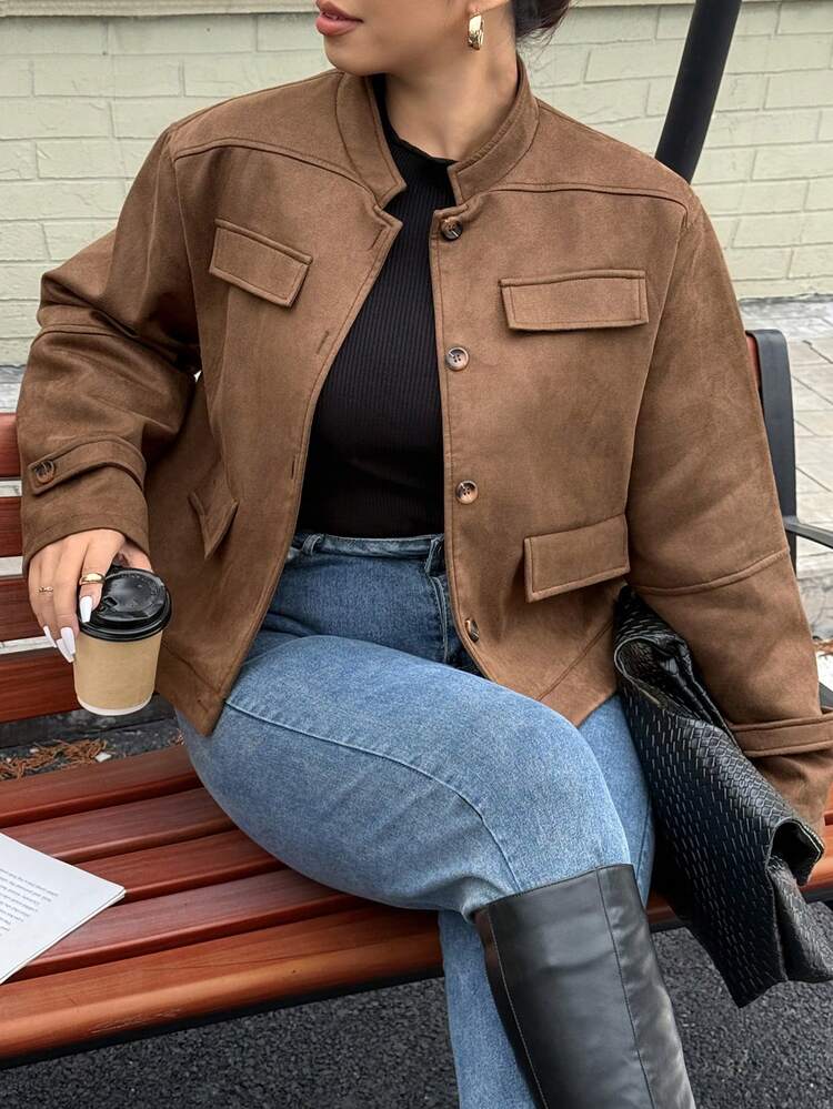 Dazy Plus Fashionable Casual Faux Suede Thickened Small Stand Collar Loose Street Style Motorcycle Jacket, Plus Size Women, Autumn/Winter Women Coats