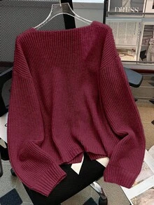Franclia Sweater Lengan Panjang Wanita Model Longgar dengan Hiasan Pita dan Bahu Jatuh, Musim Gugur/Dingin - Burgundy - View 2