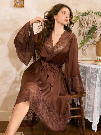 Côtesoire Côtesoire Élégant Vintage Mature Connaisseur Ample Confortable Chemise de nuit en dentelle marron patchwork à col croisé pour femme, convient pour le port à la maison