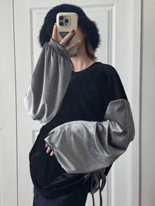 FRIFUL Women's Color Block Round Neck Drop Shoulder Long Sleeve Side Slit Drawstring Pleated Loose Casual Versatile T-Shirt, Autumn/Winter - Black - View 4