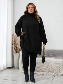 SHEIN CURVE+ 大码女式高领长袖宽松休闲套头毛衣，秋冬款 - 黑色 - 查看 5