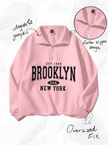 Attitoon 复古美式校园风休闲加大码男女通用宽松半拉链高领抓绒卫衣，适合秋冬季纽约韩流粉色卫衣 - 粉色 - 查看 1