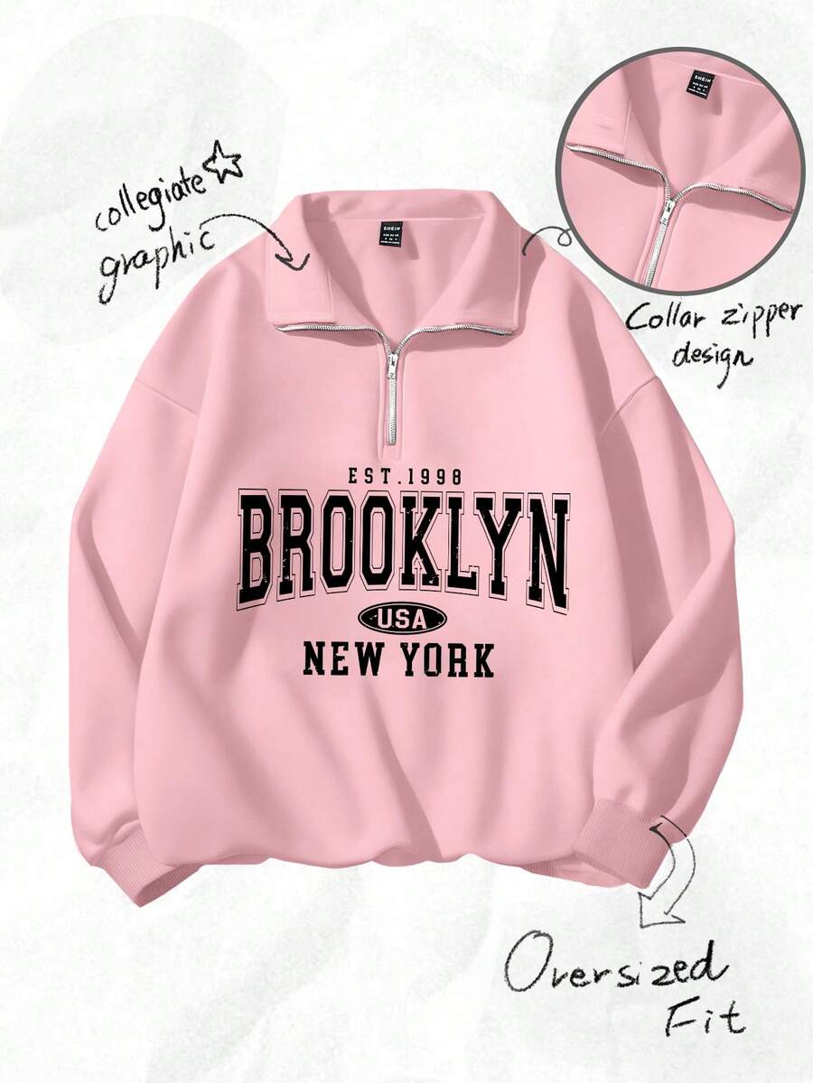 Attitoon 复古美式校园风休闲加大码男女通用宽松半拉链高领抓绒卫衣，适合秋冬季纽约韩流粉色卫衣 - 粉色 - 查看 1