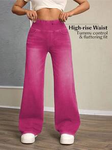 SHEIN Tall High Waist Elastic Straight Loose Casual Knit Denim Pants - Hot Pink - View 5