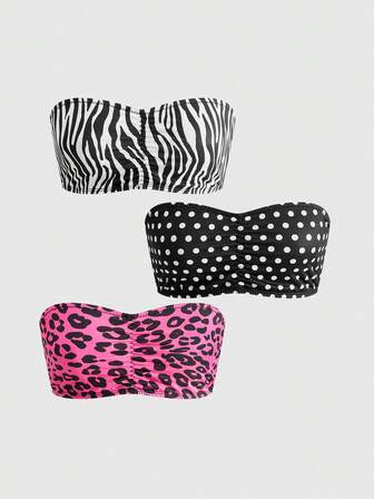 3pcs J-Fashion Leopard, Zebra, Polka Dot Women's Bandeau Top Set