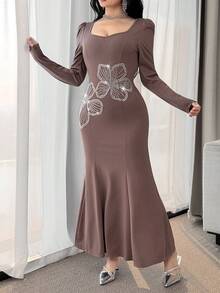Feyla Elegant Floral Rhinestone Embellished Sweetheart Neck Puff Sleeve Fishtail Hem Dress For Women - Khaki - View 5