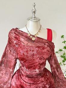 SHEIN EZwear Elegantes, rotes Partykleid in A-Linie mit asymmetrischen Schultern und ausgestellten Ärmeln in großen Größen. Geeignet für Dates, Partys, Weihnachten, Herbst/Winter, Silvester, Thanksgiving, Hochzeiten, Strand, Abschlussfeiern, Ausgehen, Verabredungen und den Weg zur Arbeit. - Rot - Übersicht 1