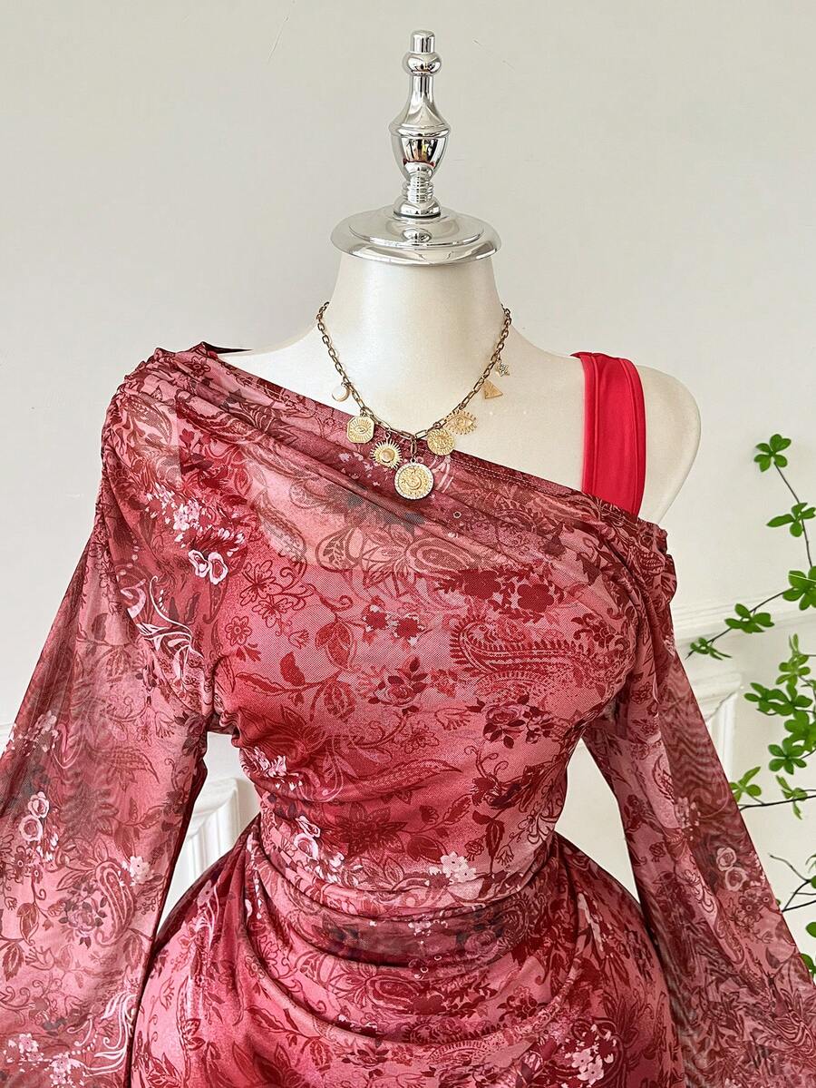 SHEIN EZwear Elegantes, rotes Partykleid in A-Linie mit asymmetrischen Schultern und ausgestellten Ärmeln in großen Größen. Geeignet für Dates, Partys, Weihnachten, Herbst/Winter, Silvester, Thanksgiving, Hochzeiten, Strand, Abschlussfeiern, Ausgehen, Verabredungen und den Weg zur Arbeit. - Rot - Übersicht 1