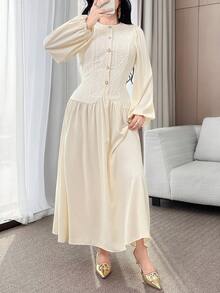 Feyla Women's Elegant Lantern Sleeve Long Dress For Commuting Dress Modest Cream Dress - White - View 2