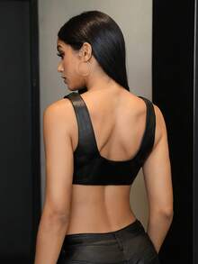 Jeanoix 性感短款吊带背心，细肩带，系带，PU皮革，铆钉，欧美风格 - 彩色 - 查看 2