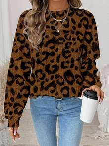 SHEIN LUNE 休闲豹纹仿效果简约图案圆领宽松女式卫衣，秋冬季，秋季女装，休闲款 - 彩色 - 查看 3