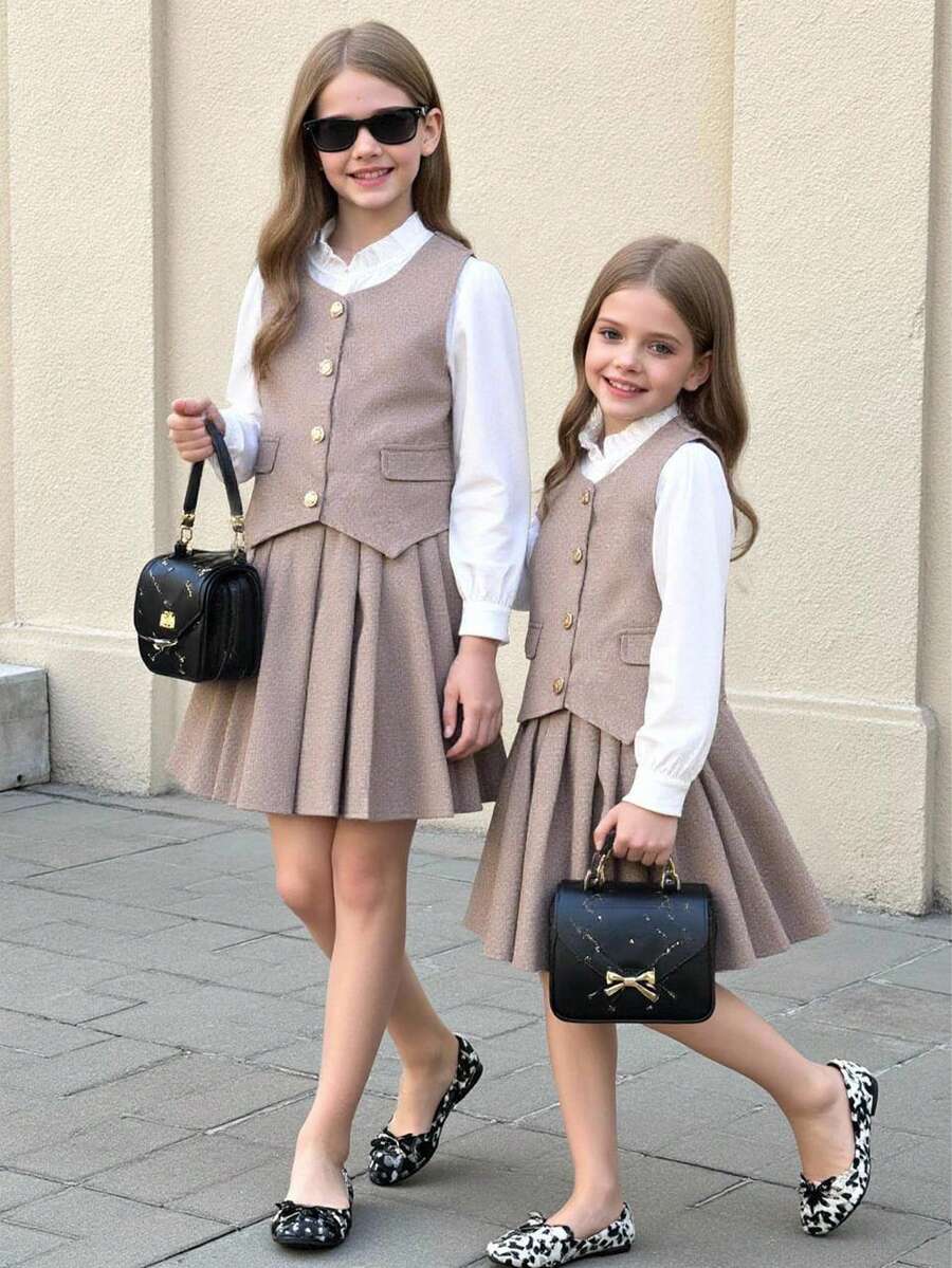 SHEIN Tween Girl 优雅金色纽扣背心、荷叶边领衬衫和百搭百褶裙套装，适合秋冬季、派对和日常穿着 - 卡其色 - 查看 1