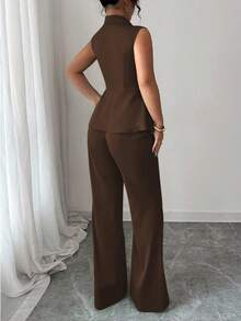 SHEIN Elenzya Bộ vest nữ thanh lịch lãng mạn cổ bẻ không tay cỡ lớn - Cà phê nâu - Xem 2