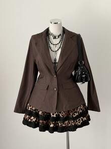 Sunspun Fall Autumn And Winter Plus Size Women Vintage Brown Striped Long Sleeve Blazer - Brown - View 3