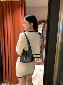 DAZY 女士撞色滚边无袖连衣裙和长袖开衫两件套 - 白色 - 查看 2