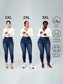 SHEIN CURVE+ 大码女式牛仔蓝色弹力性感休闲紧身牛仔裤，适合牛仔竞技爱好者 - 深色水洗藍 - 查看 7