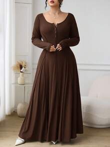 Modelyn Đầm suông dài tay dáng rộng màu trơn có nút cài nửa thân dành cho nữ cỡ lớn - Lạc đà - Xem 5