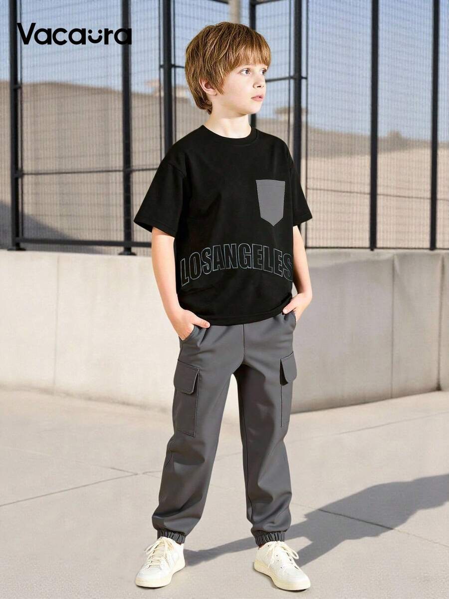 SHEIN 2pcs Tween Boy Set: Letter Print Short Sleeve T-Shirt And Solid Color Pocket Long Pants
