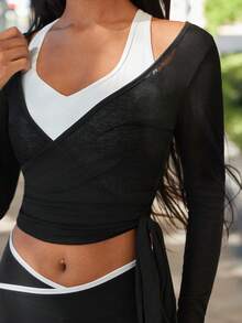 Easify SHEIN Sport Women's Casual Tie-Up Long Sleeve Perforated Texture T-Shirt, Sporty & Versatile For All Seasons