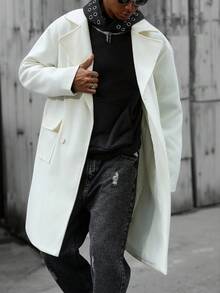 Manfinity Hypemode Men's Solid Color Drop Shoulder Long Sleeve Lapel Neck Fashion Versatile Long Overcoat, Winter - Beige - View 1