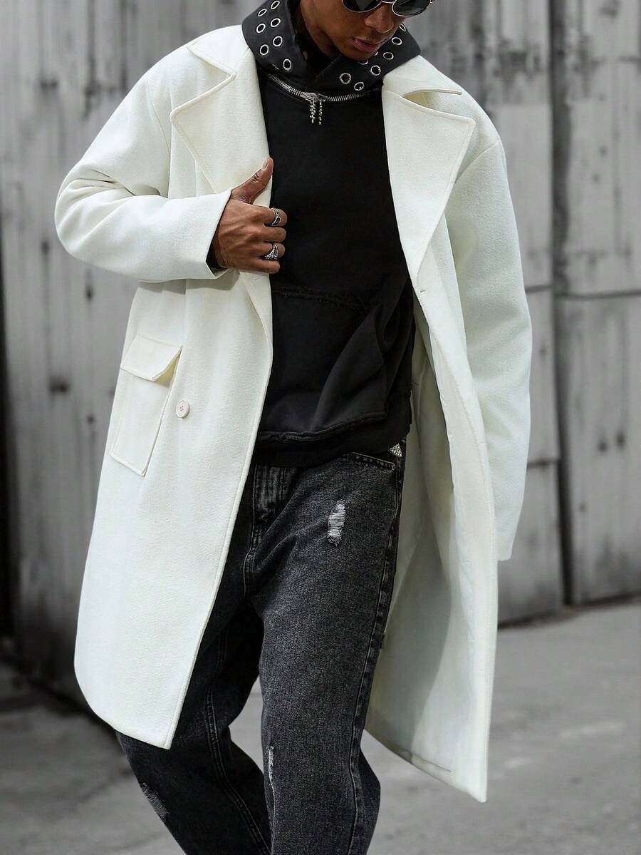 Manfinity Hypemode Men's Solid Color Drop Shoulder Long Sleeve Lapel Neck Fashion Versatile Long Overcoat, Winter - Beige - View 1