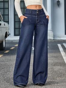 SHEIN Tall سراويل جينز نسائية ذات قدم واسعة متعددة الاستخدامات بلون أحادي - أزرق داكن - مشاهدة 4