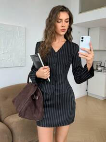 Easowa 2pcs/Set Women's Black & White Striped Suit, V-Neck Cardigan Top With Cinched Waist And A-Line Mini Skirt, Business/Office Chic Style, Suitable For Commuting And Modern Fashion Blazer Skirt Set Office Wear Women Women Suit Suit Dress Skirt Suit Winter Clothes For Women Formal Dresses  Women's Formal Wear  New Year Clothes - Black and White - View 3