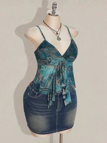 SHEIN ICON Áo kiểu cỡ lớn gợi cảm, phong cách retro Bohemian, kiểu Y2K Millennium, họa tiết Paisley xanh lá cây, xếp nếp, chất liệu lưới xuyên thấu, áo kiểu Hippie, áo kiểu miền Tây, áo kiểu Bohemian. - Màu xanh lam - Xem 6