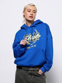 COUREZ 超大款连帽衫，学院风图案 / Y2K 女式冬季服装，冬季上衣连帽衫，秋季女装 - 藍色 - 查看 4