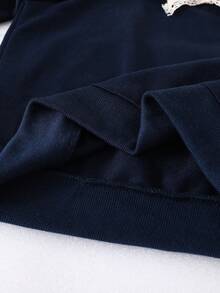Young Girl Sweet & Cute Long Sleeve Peter Pan Collar Sweatshirt, Paired With Beige Flared Pants Set, Fashionable & Minimalist For Commuting, Autumn/Winter - Navy Blue - View 5