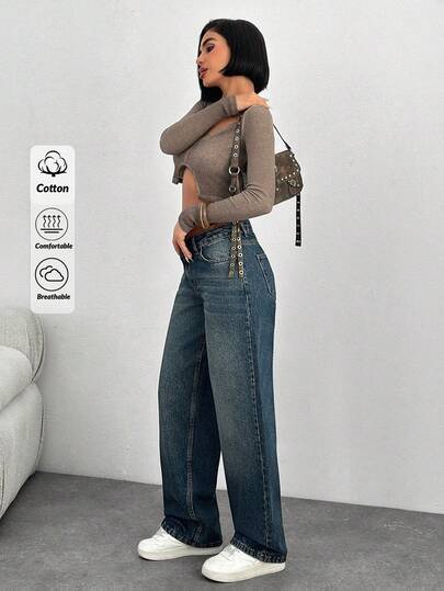 EURMUSE Women's Jeans Women's Casual Washed Low-Waist Straight-Leg Jeans 2000s Style