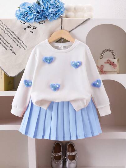 Elladie kids 2pcs/Set Girls Sweatshirt & Pleated Skirt Set, Long Sleeve Crew Neck Sweatshirt With Heart Decor, Skirt, Spring/Autumn
