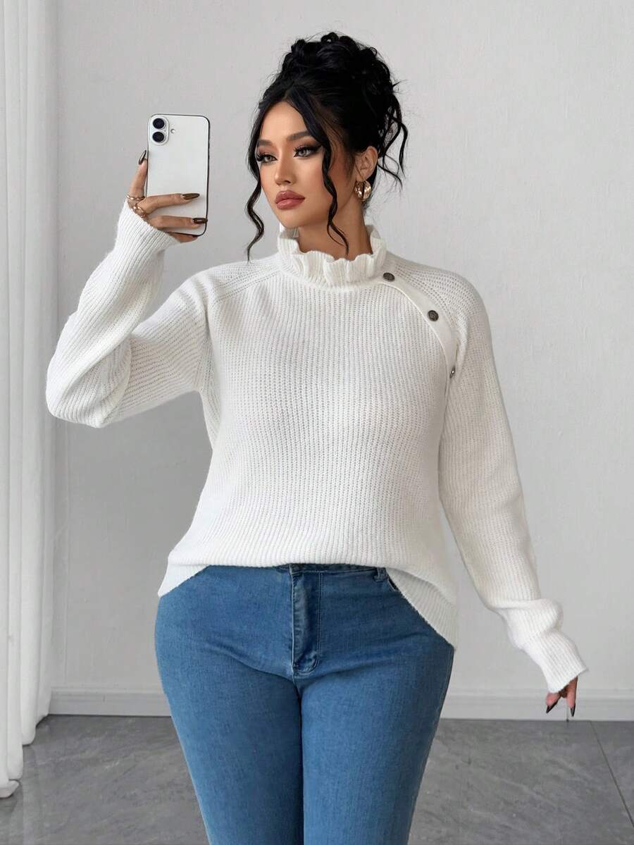 Elenzga 大码合身优雅蕾丝纽扣毛衣 - 白色 - 查看 1