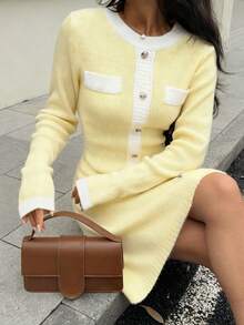 SHEIN LUNE 2025秋冬新款时尚优雅拼色纽扣针织毛衣裙 - 黃色 - 查看 4
