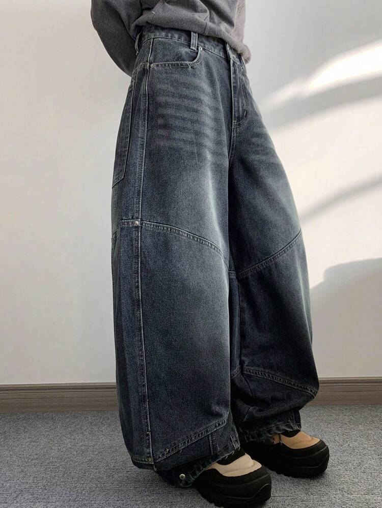 Women's Loose Fit Patchwork Wide Leg Washed Denim Jeans, Korean Style,Baggy Jeans Fall,Winter