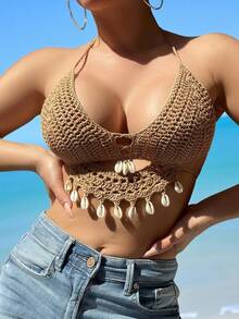 Swim Vcay Women's Vacation Beach Shell Decorated Backless Halter Cover Up Top,Summer Beach - Khaki - View 5