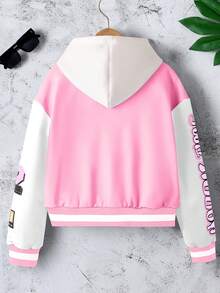 少女字母卡通印花长袖单排扣休闲棒球夹克，秋冬季 - 粉色 - 查看 2