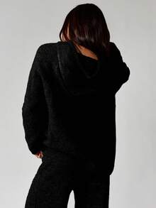 MISSGUIDED Oversized Knitted Hoodie With Logo Embroidery Cozy Winter Pullover Sweater - Black - View 2