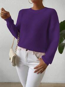 EMERY ROSE Women's Solid Color Round Neck Drop Shoulder Long Sleeve Casual Loose Pullover Sweater, Autumn/Winter - Violet Purple - View 3