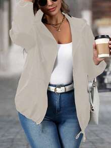 EMERY ROSE Plus Size Women's Solid Color Simple Long Sleeve Jacket Fall Winter Cloth For Women Autumn - Cream - View 3