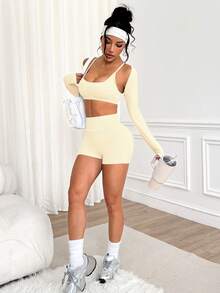 Sovereign Charm 3pc Women's Fashion Casual Ultra-Short Sleeve Shrug, Spaghetti Strap Criss-Cross Back Sports Bra And Tight Shorts3 Pieces Set Cream Workout Set Butter Yellow Workout Set Buttery Soft Workout Set